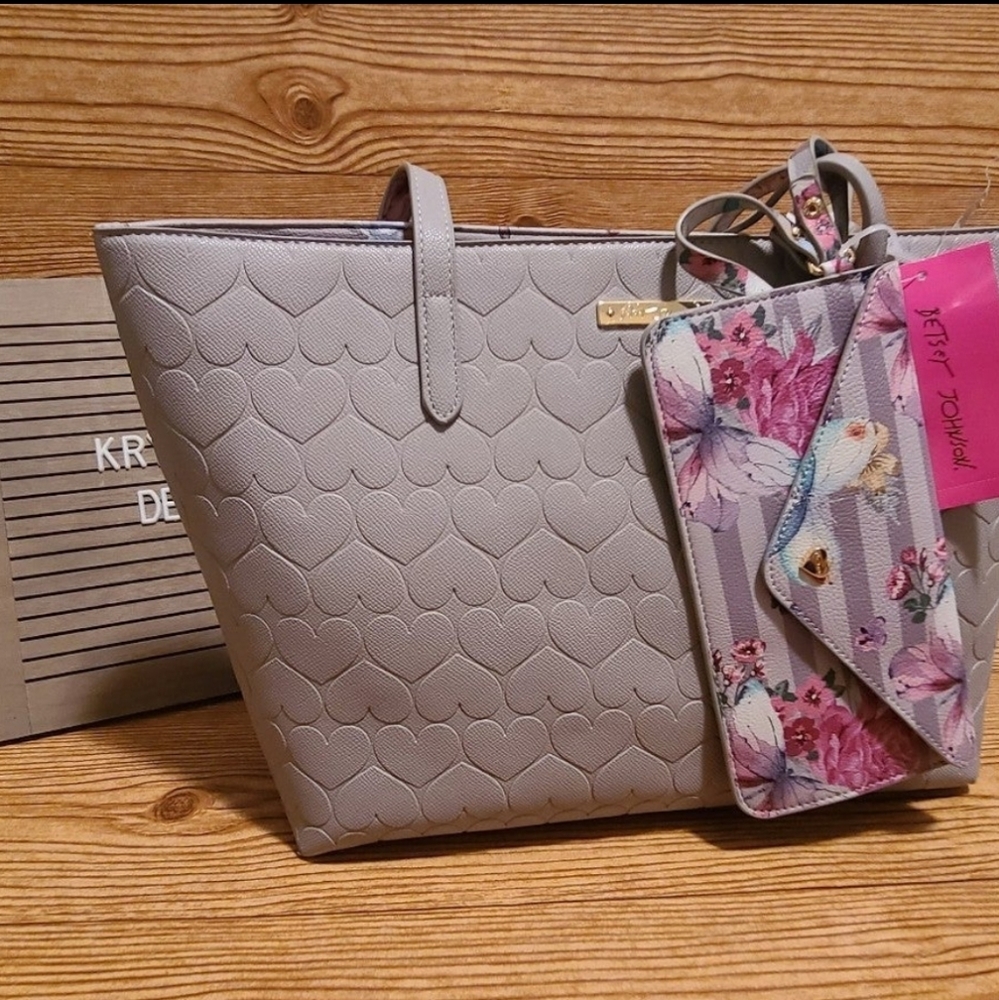 Betsey Johnson Purse and matching pouch hearts embossed flowers